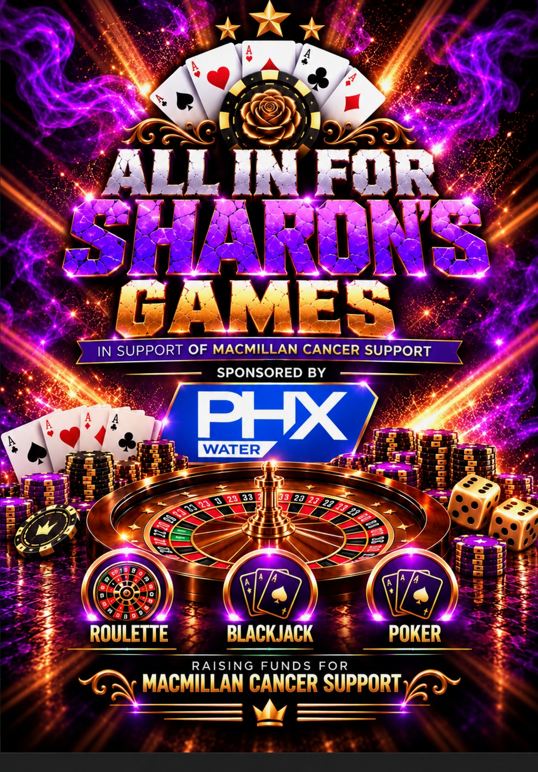 Sharon's Games poster with roulette, blackjack and poker